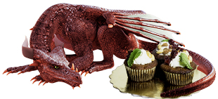 dragon icon - red dragon lying down and guarding a plate of cupcakes