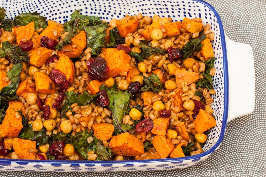 serving dish with farro, kale and roasted sweet potato salad